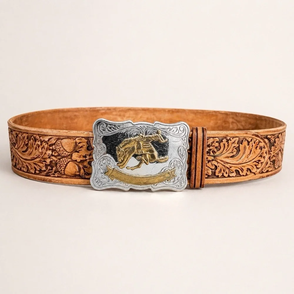Vtg Western Tooled Leather Belt Sz 34 Nickle Silver Buckle Bronco Rodeo Cowboy